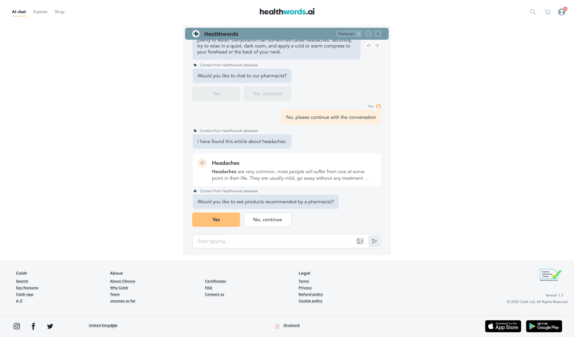 HealthWords clinical AI conversation showing approved information and recommended next actions